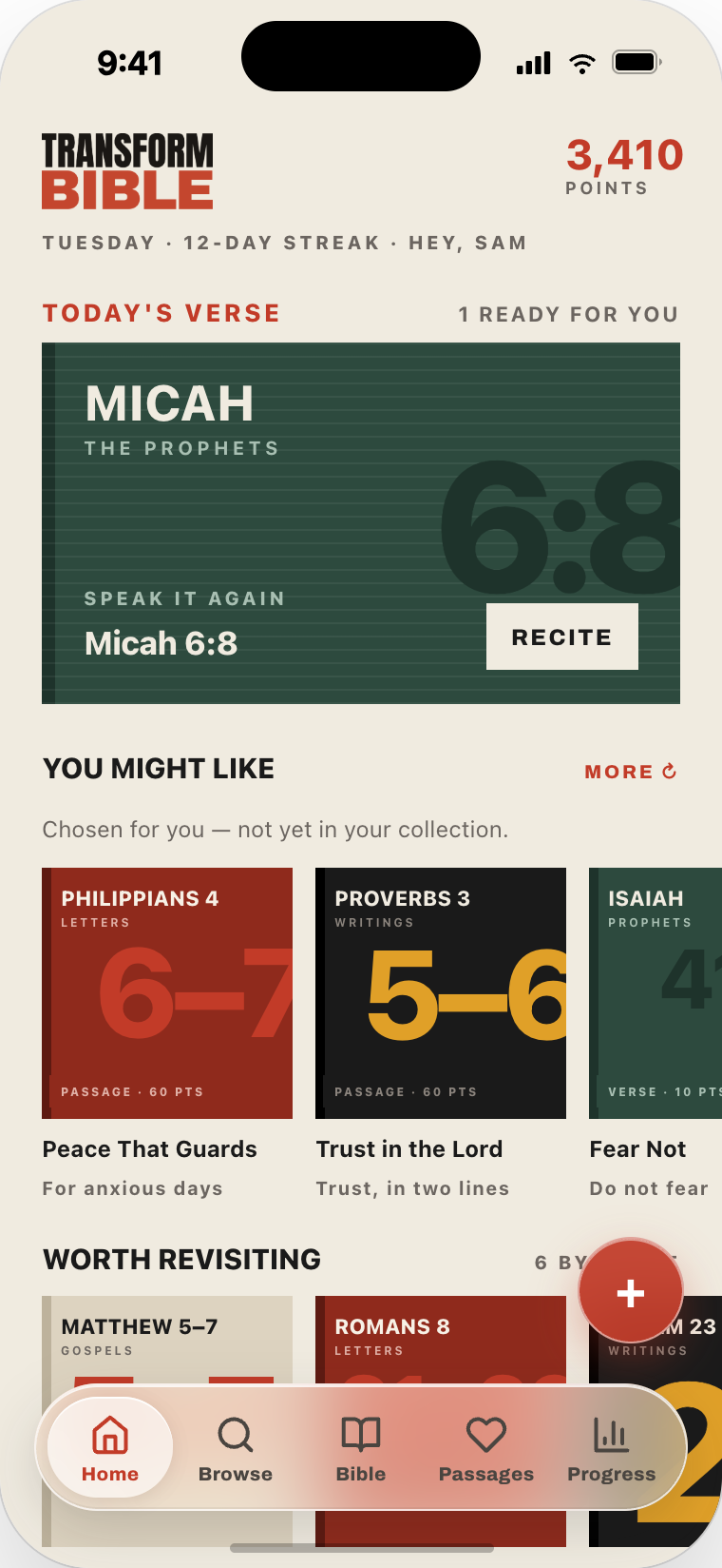 Home screen with today's verse and your shelf