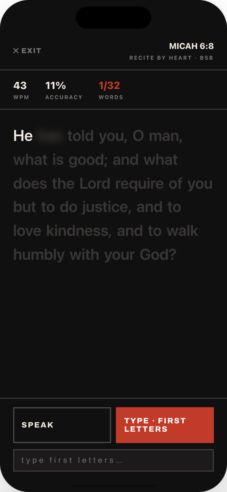 Recite screen: Micah 6:8 with the first word solid and the rest ghosted